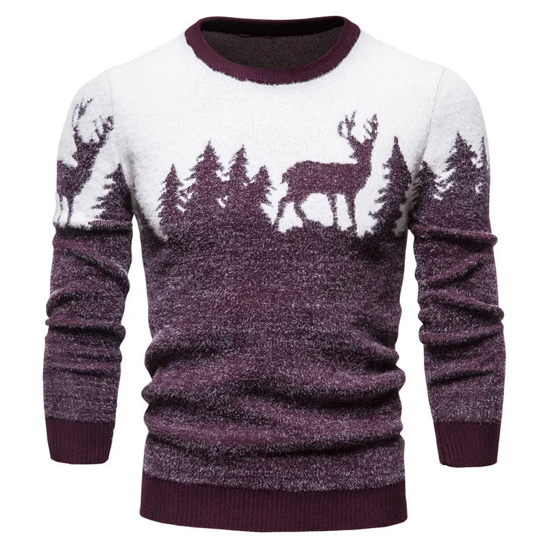Christmas deer sweater in slim fit with colour block design in red, black, and navy blue