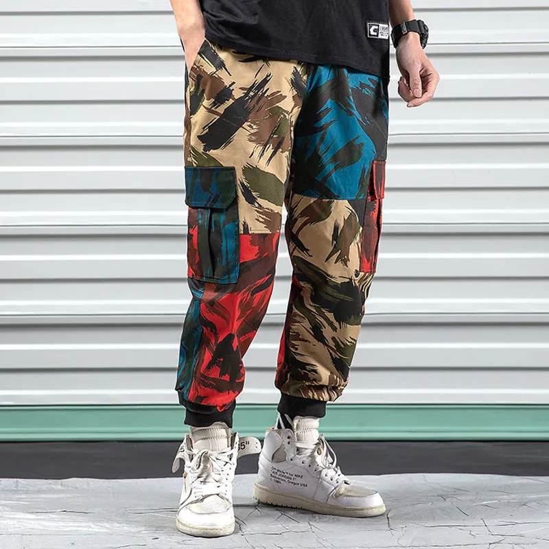 Blue camouflage overalls casual pants with loose fit, elastic waist, polyester fabric, sizes S to 5XL