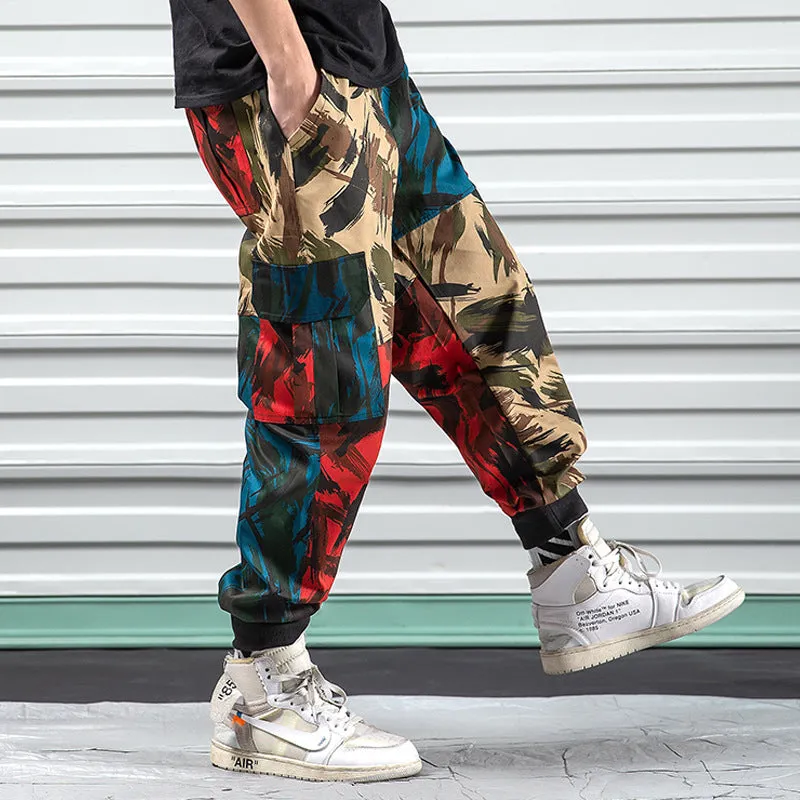 Blue camouflage overalls casual pants with loose fit, elastic waist, polyester fabric, sizes S to 5XL