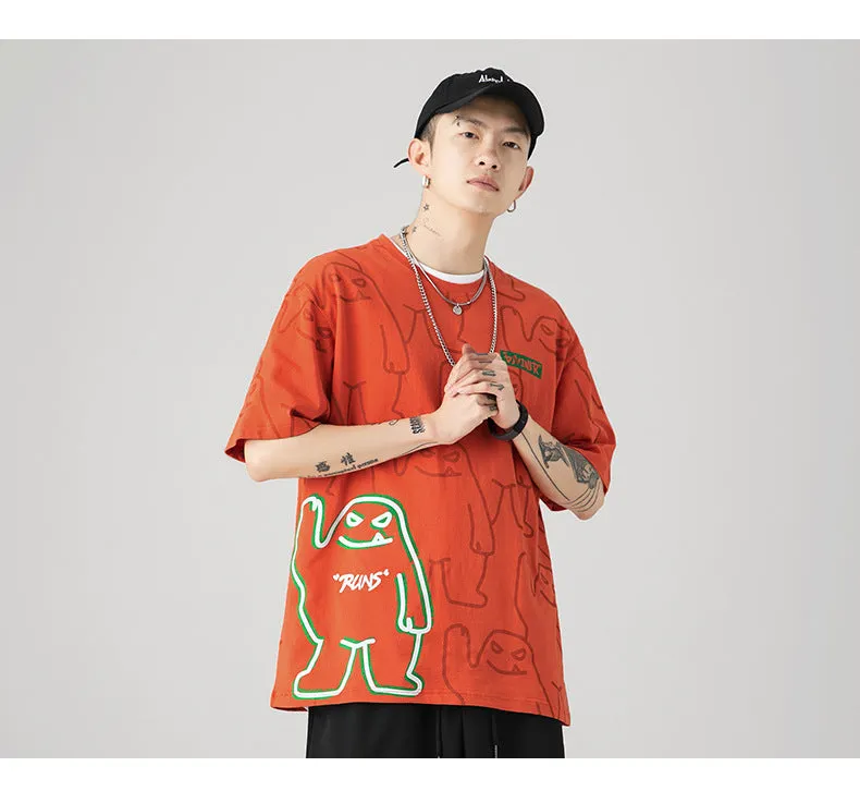 Bear print glow-in-the-dark short-sleeved cotton t-shirt for men and women, black colour, loose fit, round neck