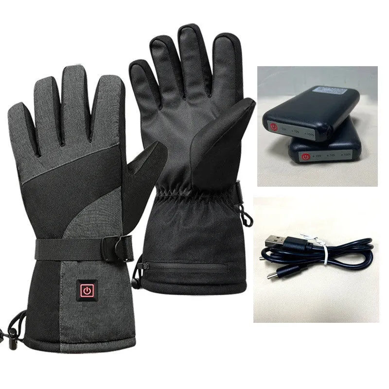 Men's and women's black nylon outdoor cycling heated gloves with batteries and charging cable