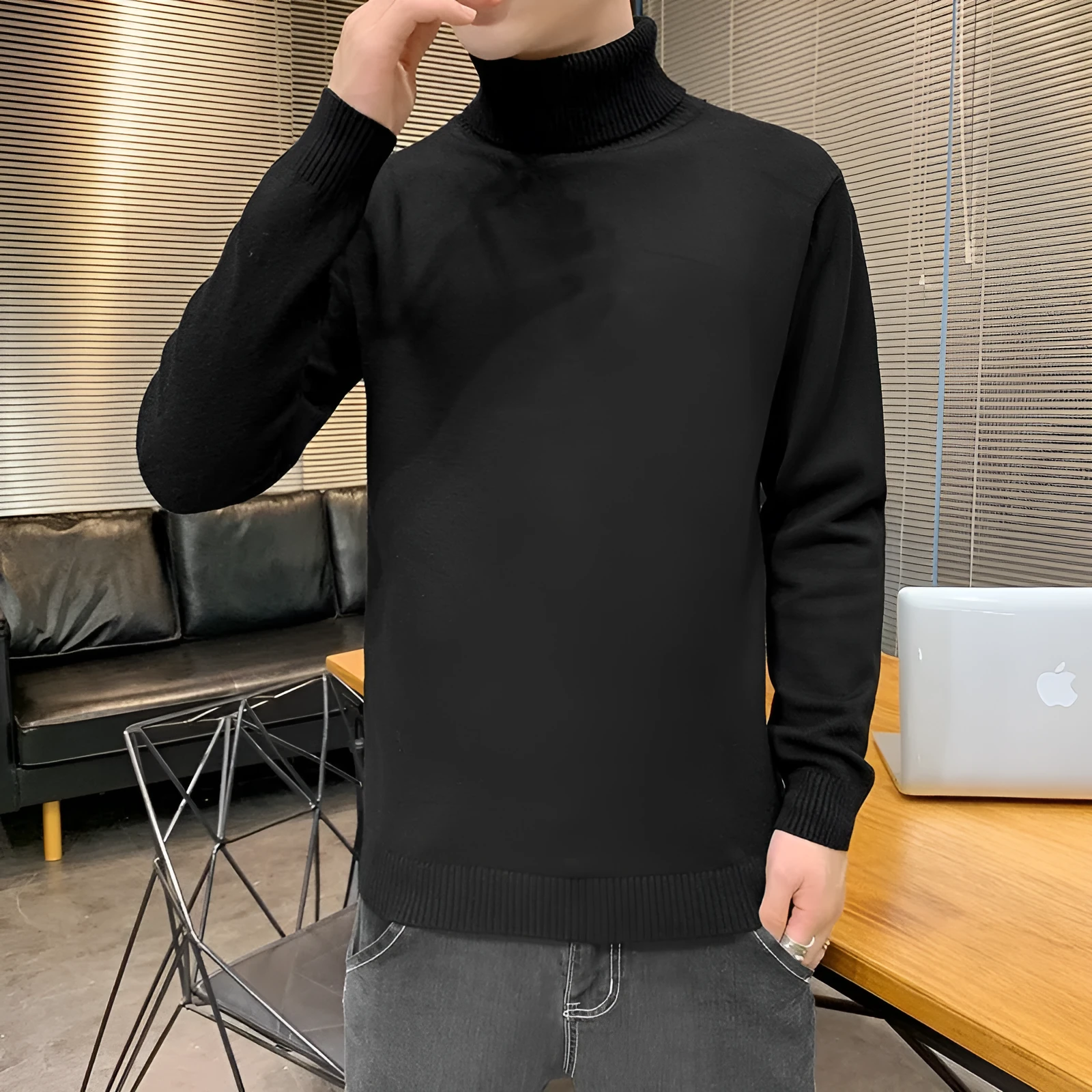 Viscose blend turtleneck sweater with plus velvet lining, slim fit, lapel collar, long sleeves, ribbed hem, available in multiple colours