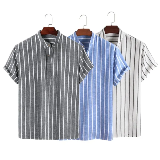 Fashion striped casual men's shirt short sleeve cotton pullover in white, red, gray, blue