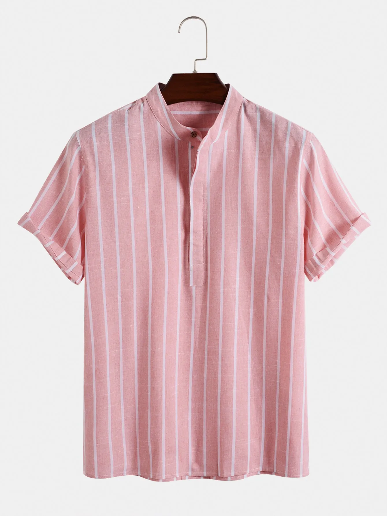 Fashion striped casual men's shirt short sleeve cotton pullover in white, red, gray, blue