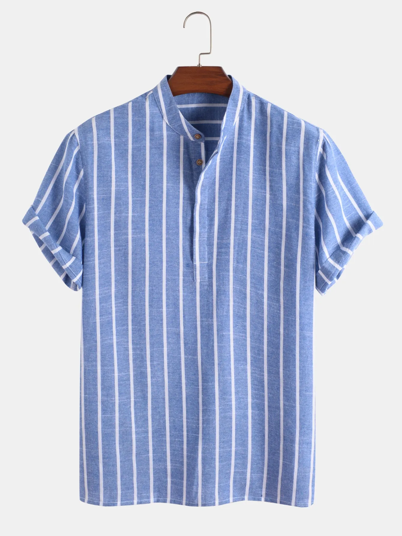 Fashion striped casual men's shirt short sleeve cotton pullover in white, red, gray, blue