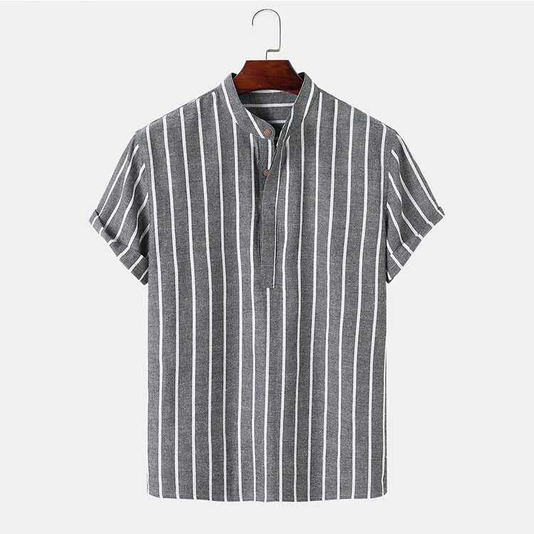 Fashion striped casual men's shirt short sleeve cotton pullover in white, red, gray, blue