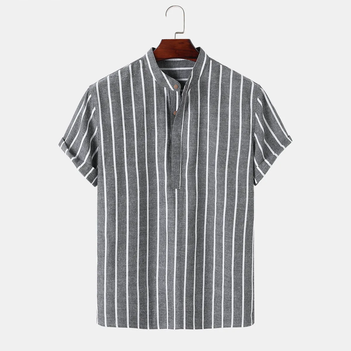 Fashion striped casual men's shirt short sleeve cotton pullover in white, red, gray, blue