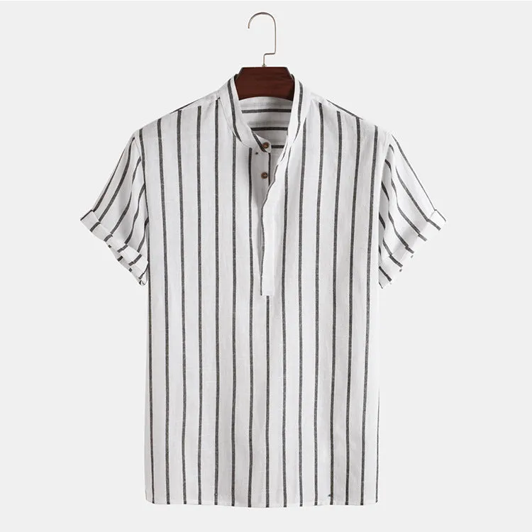 Fashion striped casual men's shirt short sleeve cotton pullover in white, red, gray, blue