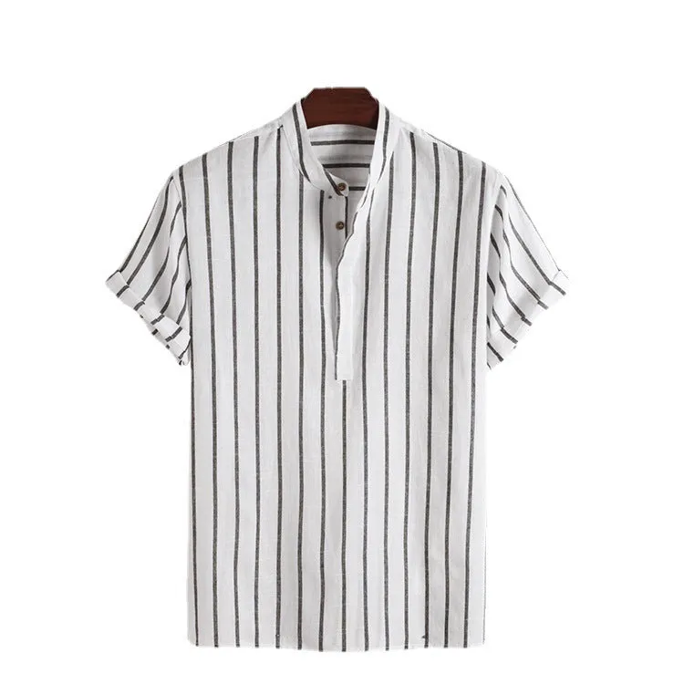 Fashion striped casual men's shirt short sleeve cotton pullover in white, red, gray, blue