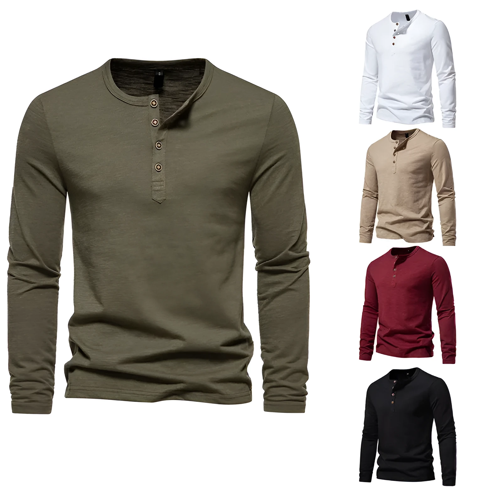 Men's bamboo cotton long sleeve t-shirt with four-button Henry collar in solid colour, front view