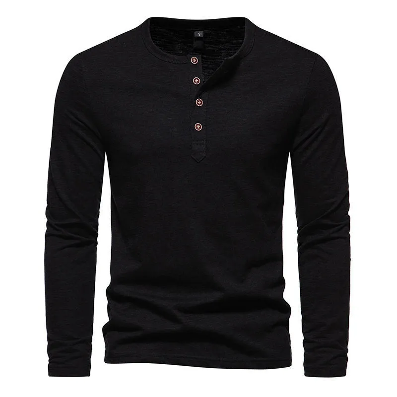 Men's bamboo cotton long sleeve t-shirt with four-button Henry collar in solid colour, front view