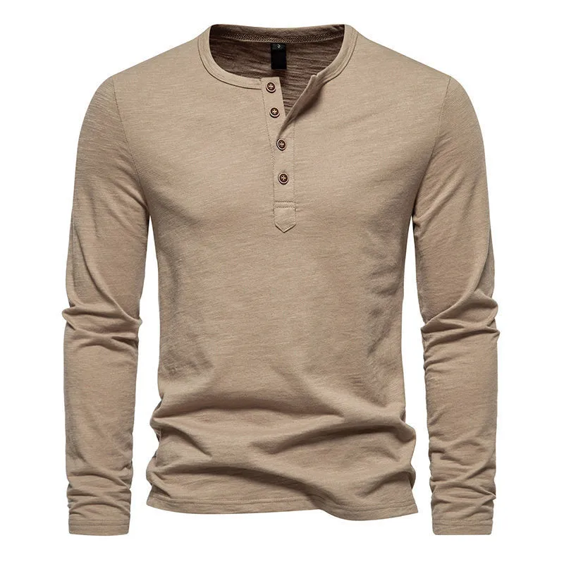 Men's bamboo cotton long sleeve t-shirt with four-button Henry collar in solid colour, front view