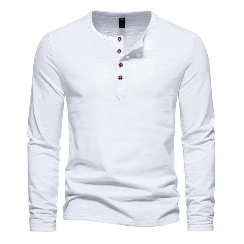 Men's bamboo cotton long sleeve t-shirt with four-button Henry collar in solid colour, front view
