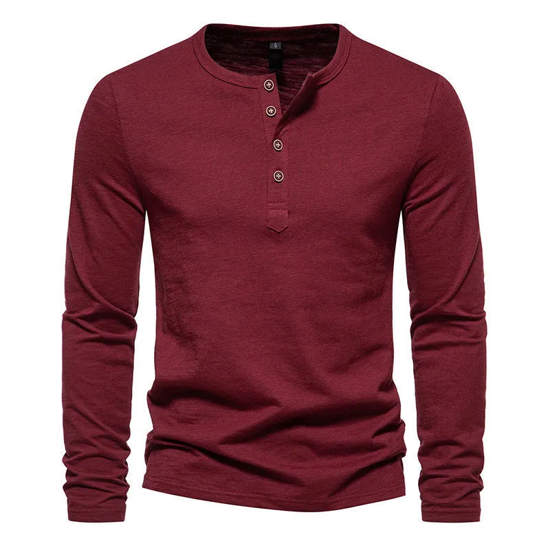Men's bamboo cotton long sleeve t-shirt with four-button Henry collar in solid colour, front view