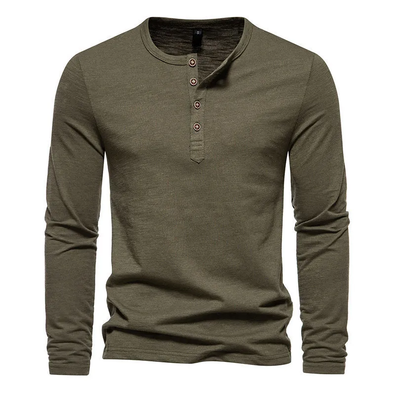 Men's bamboo cotton long sleeve t-shirt with four-button Henry collar in solid colour, front view