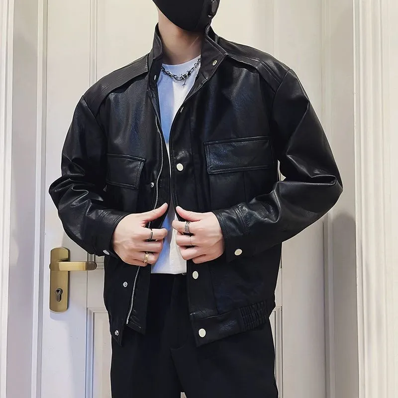 Korean style black PU leather jacket for men with straight hem and no hood