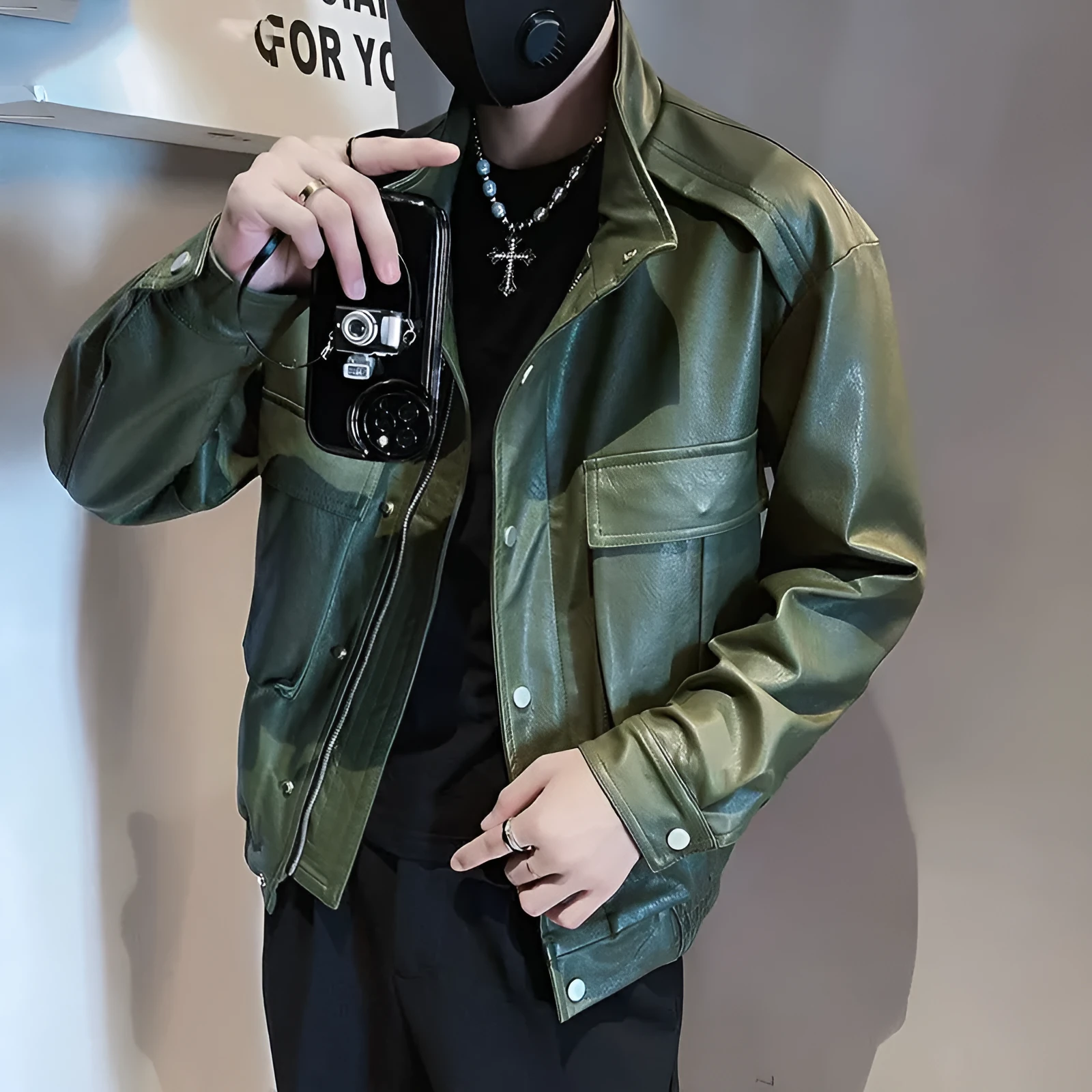 Korean style black PU leather jacket for men with straight hem and no hood