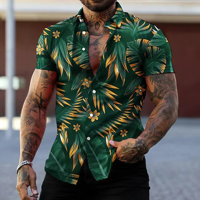Men's casual short sleeve leaf printed cardigan in polyester loose fit with lapel collar