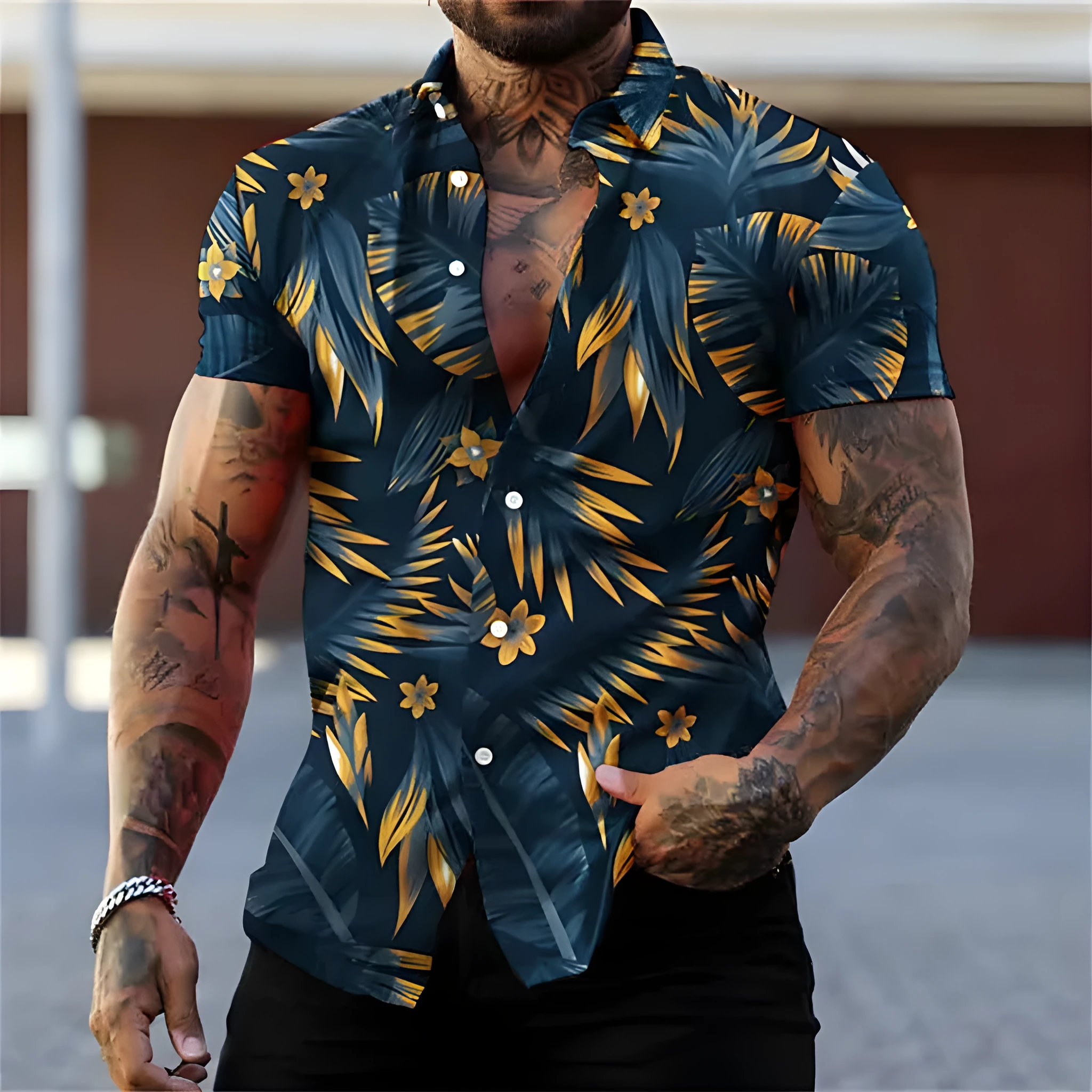 Men's casual short sleeve leaf printed cardigan in polyester loose fit with lapel collar