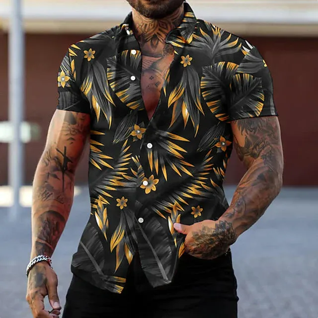 Men's casual short sleeve leaf printed cardigan in polyester loose fit with lapel collar