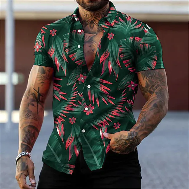 Men's casual short sleeve leaf printed cardigan in polyester loose fit with lapel collar