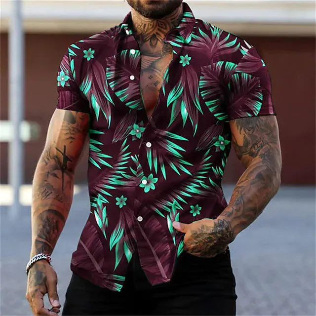 Men's casual short sleeve leaf printed cardigan in polyester loose fit with lapel collar