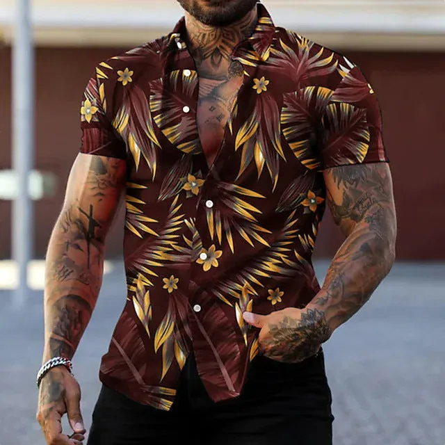 Men's casual short sleeve leaf printed cardigan in polyester loose fit with lapel collar