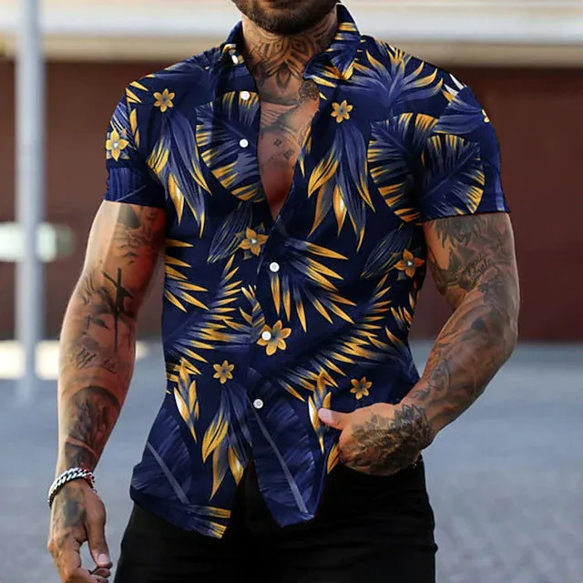 Men's casual short sleeve leaf printed cardigan in polyester loose fit with lapel collar