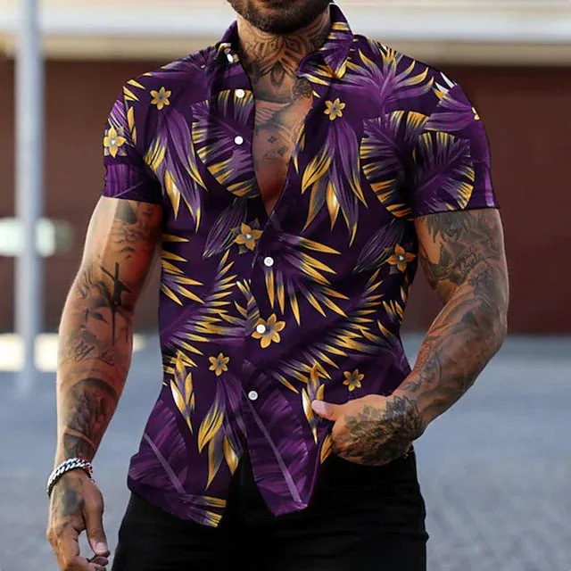 Men's casual short sleeve leaf printed cardigan in polyester loose fit with lapel collar