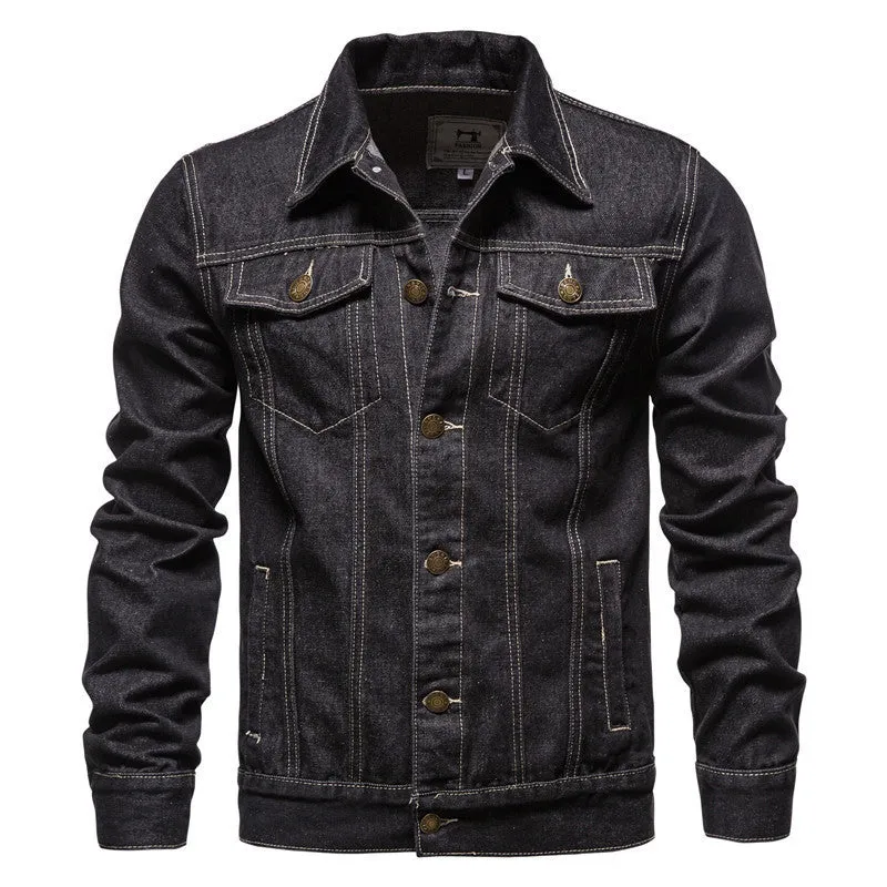 Men's denim jacket in black with lapel collar, single-breasted placket, and long sleeves, front view