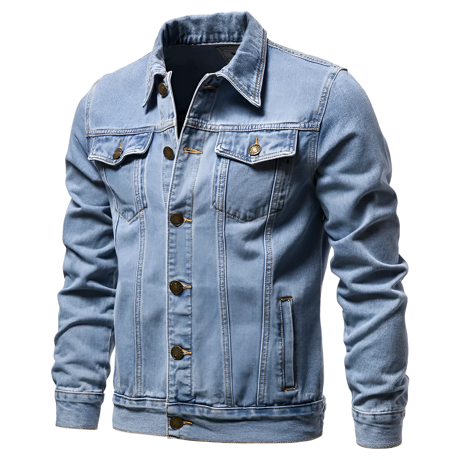 Men's denim jacket in black with lapel collar, single-breasted placket, and long sleeves, front view
