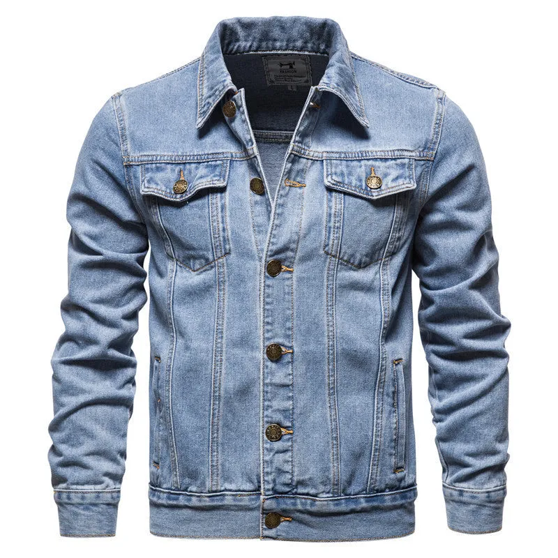 Men's denim jacket in black with lapel collar, single-breasted placket, and long sleeves, front view