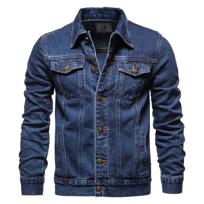 Men's denim jacket in black with lapel collar, single-breasted placket, and long sleeves, front view