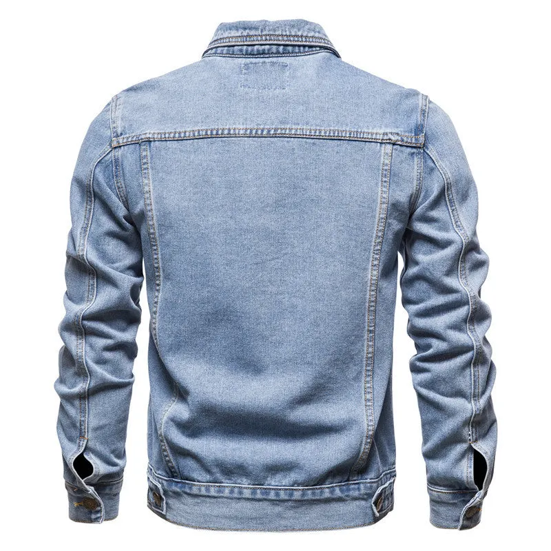 Men's denim jacket in black with lapel collar, single-breasted placket, and long sleeves, front view