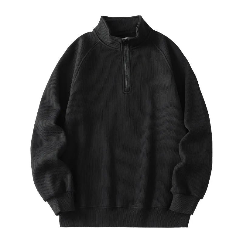 Men's fleece sweatshirt stand-collar long sleeve cotton blend pullover winter top in black