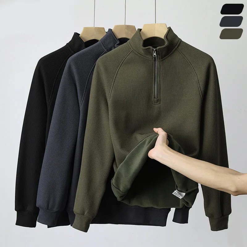 Men's fleece sweatshirt stand-collar long sleeve cotton blend pullover winter top in black