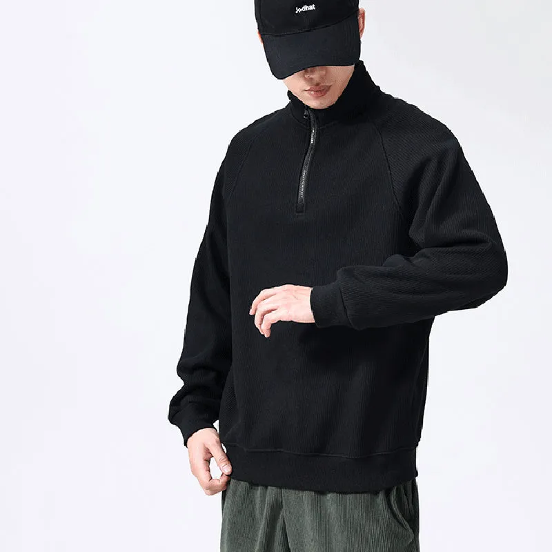 Men's fleece sweatshirt stand-collar long sleeve cotton blend pullover winter top in black