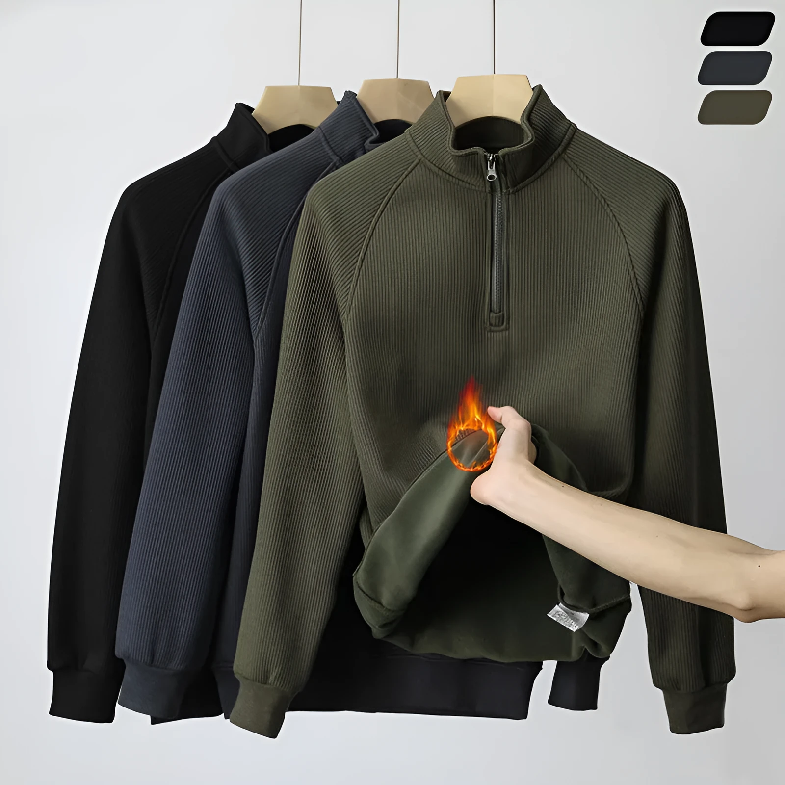 Men's fleece sweatshirt stand-collar long sleeve cotton blend pullover winter top in black