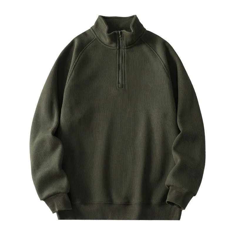 Men's fleece sweatshirt stand-collar long sleeve cotton blend pullover winter top in black