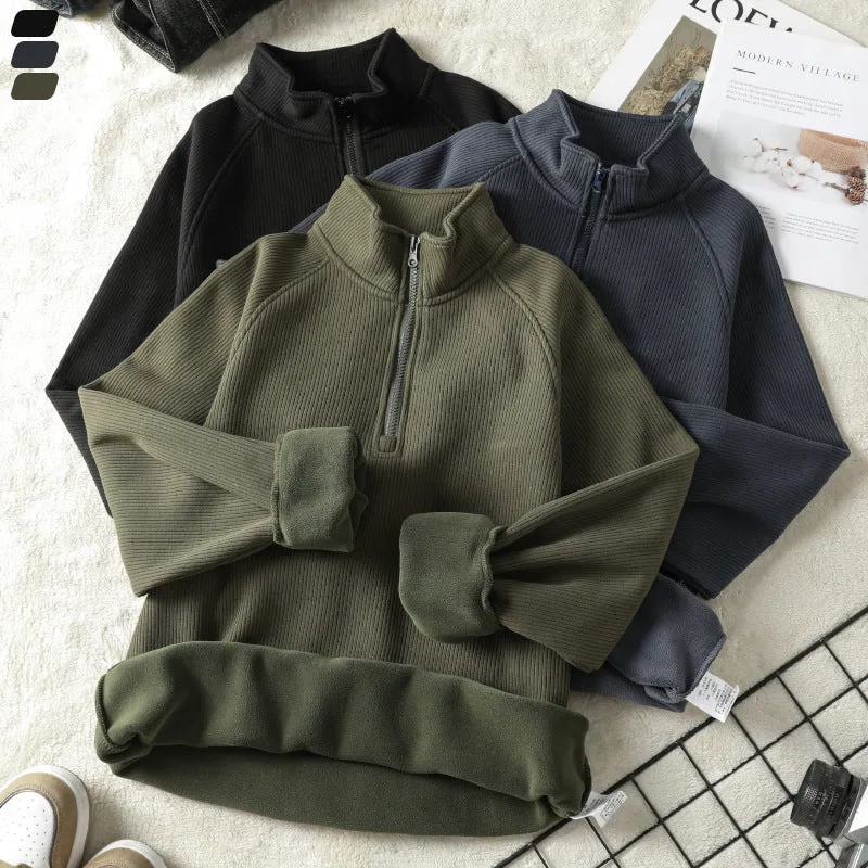 Men's fleece sweatshirt stand-collar long sleeve cotton blend pullover winter top in black