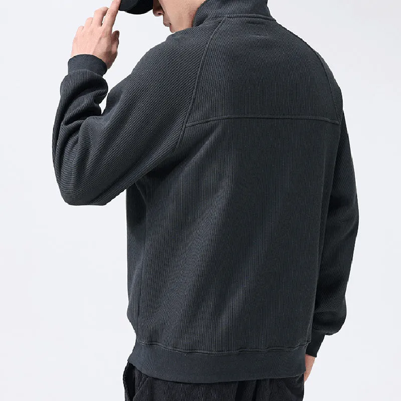 Men's fleece sweatshirt stand-collar long sleeve cotton blend pullover winter top in black