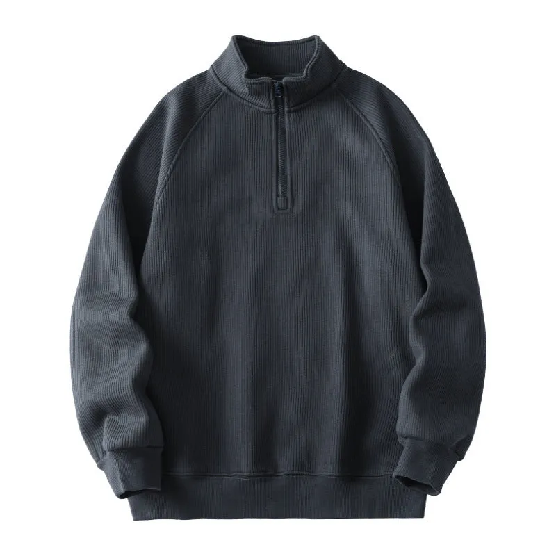 Men's fleece sweatshirt stand-collar long sleeve cotton blend pullover winter top in black