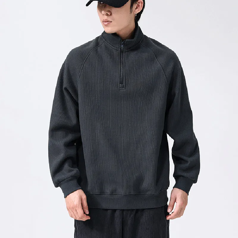 Men's fleece sweatshirt stand-collar long sleeve cotton blend pullover winter top in black