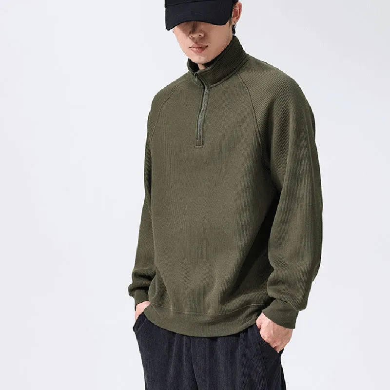 Men's fleece sweatshirt stand-collar long sleeve cotton blend pullover winter top in black