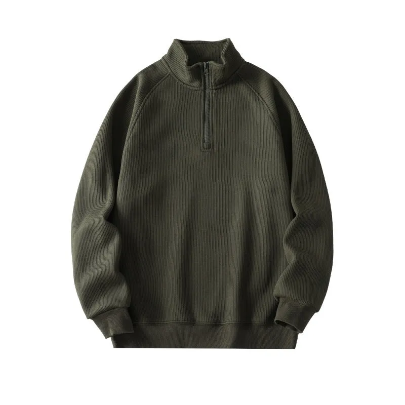 Men's fleece sweatshirt stand-collar long sleeve cotton blend pullover winter top in black