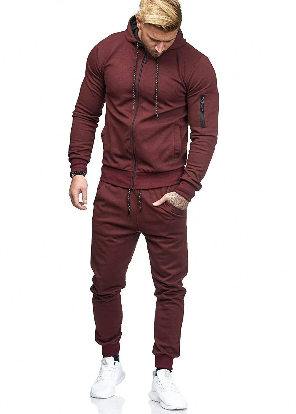 Men's sports suit cotton hooded long sleeve tracksuit set in five colours on model