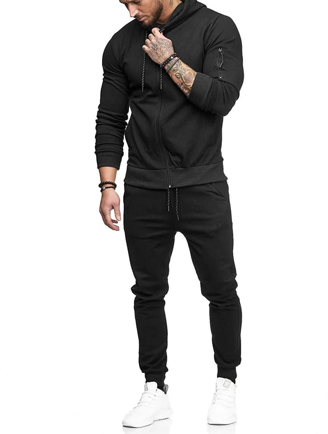 Men's sports suit cotton hooded long sleeve tracksuit set in five colours on model