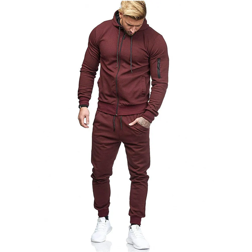 Men's sports suit cotton hooded long sleeve tracksuit set in five colours on model