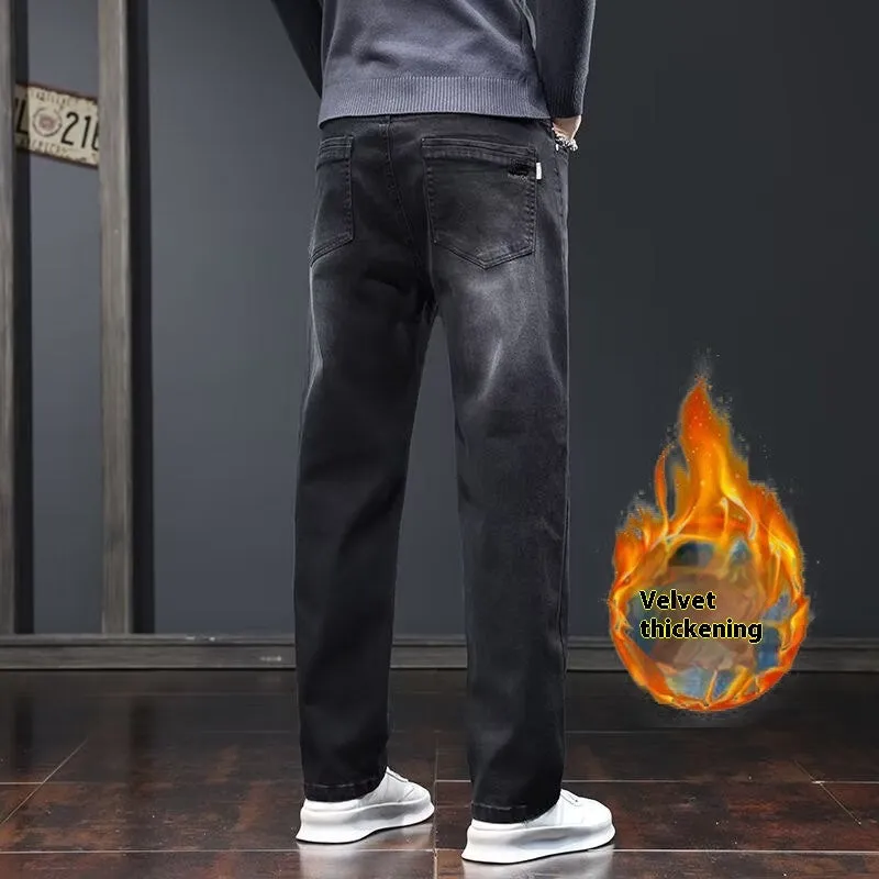 Men's straight leg casual jeans in black cotton denim with non-iron finish, side view.