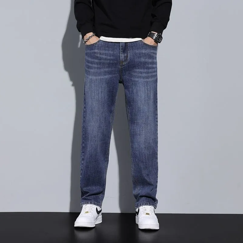 Men's straight leg casual jeans in black cotton denim with non-iron finish, side view.